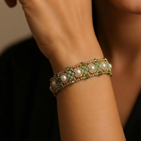 Handmade Jewelry - Handmade Gold and Green Pearl Beaded Bracelet - Elegant Women’s Bracelet